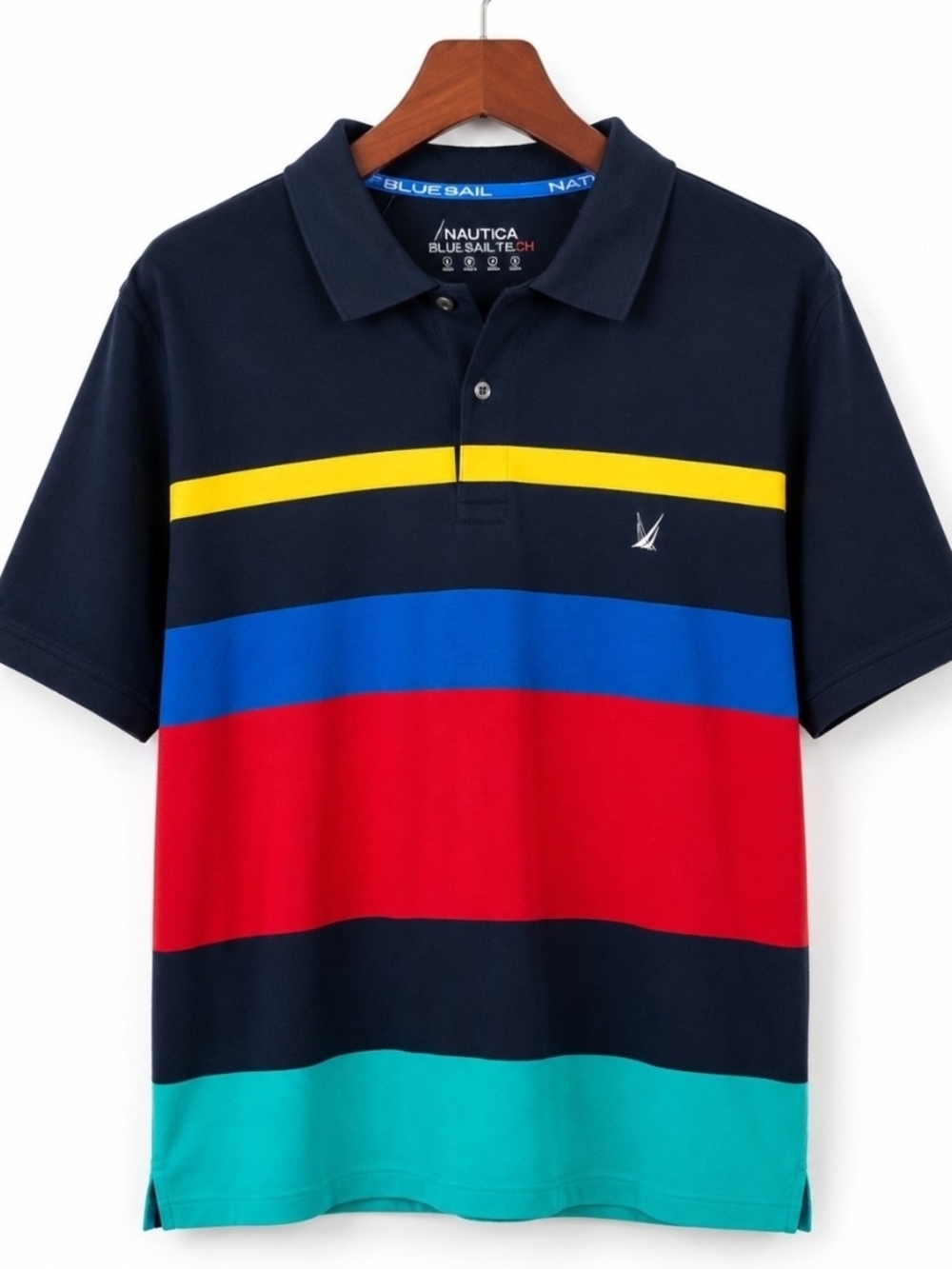 Nautica Men’s Navy Colorblock Polo with Yellow, Blue, Red & Teal Stripes